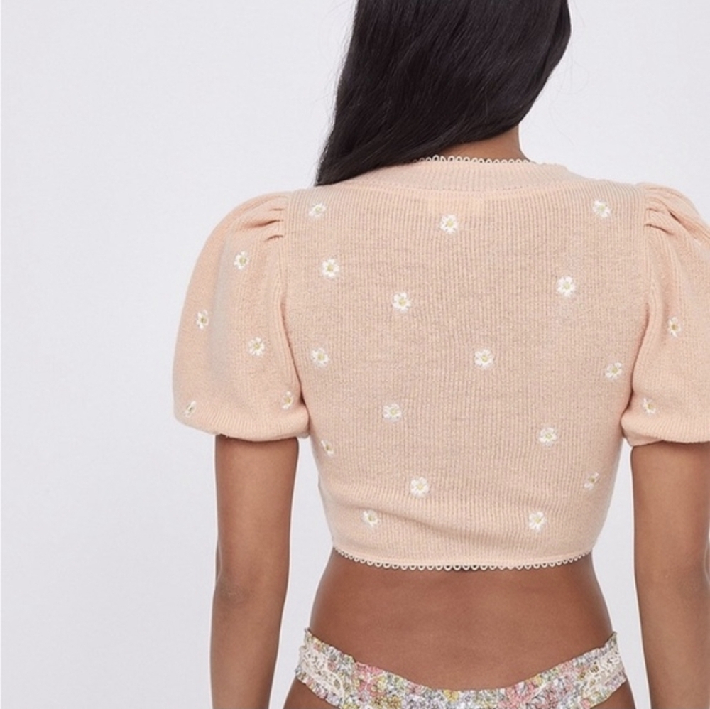 For Love & Lemons Embroidered Buds Puff Sleeve Cropped Cardigan M - Picture 4 of 15